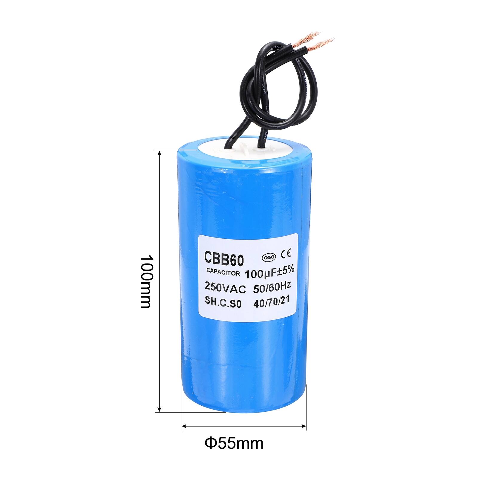 100mm CBB60 CaC CE CAPACITOR 100µF 5% 250VAC 50/60Hz SH.C.SO 40/70/21 55mm