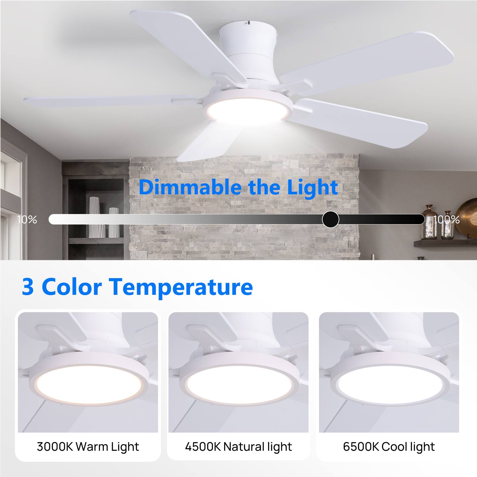 10% Dimmable the Light 100%  
3 Color Temperature  
3000K Warm Light  
4500K Natural Light  
6500K Cool Light