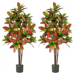 Costway - 2PCS 5 FT Artificial Croton Plant w/ Multi-colored PEVA Leaves Solid Wood Trunk - Green,Red,Yellow,Brown