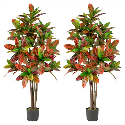 Front. Costway - Costway 2PCS 5 FT Artificial Croton Plant w/ Multi-colored PEVA Leaves Solid Wood Trunk - Green,Red,Yellow,Brown.