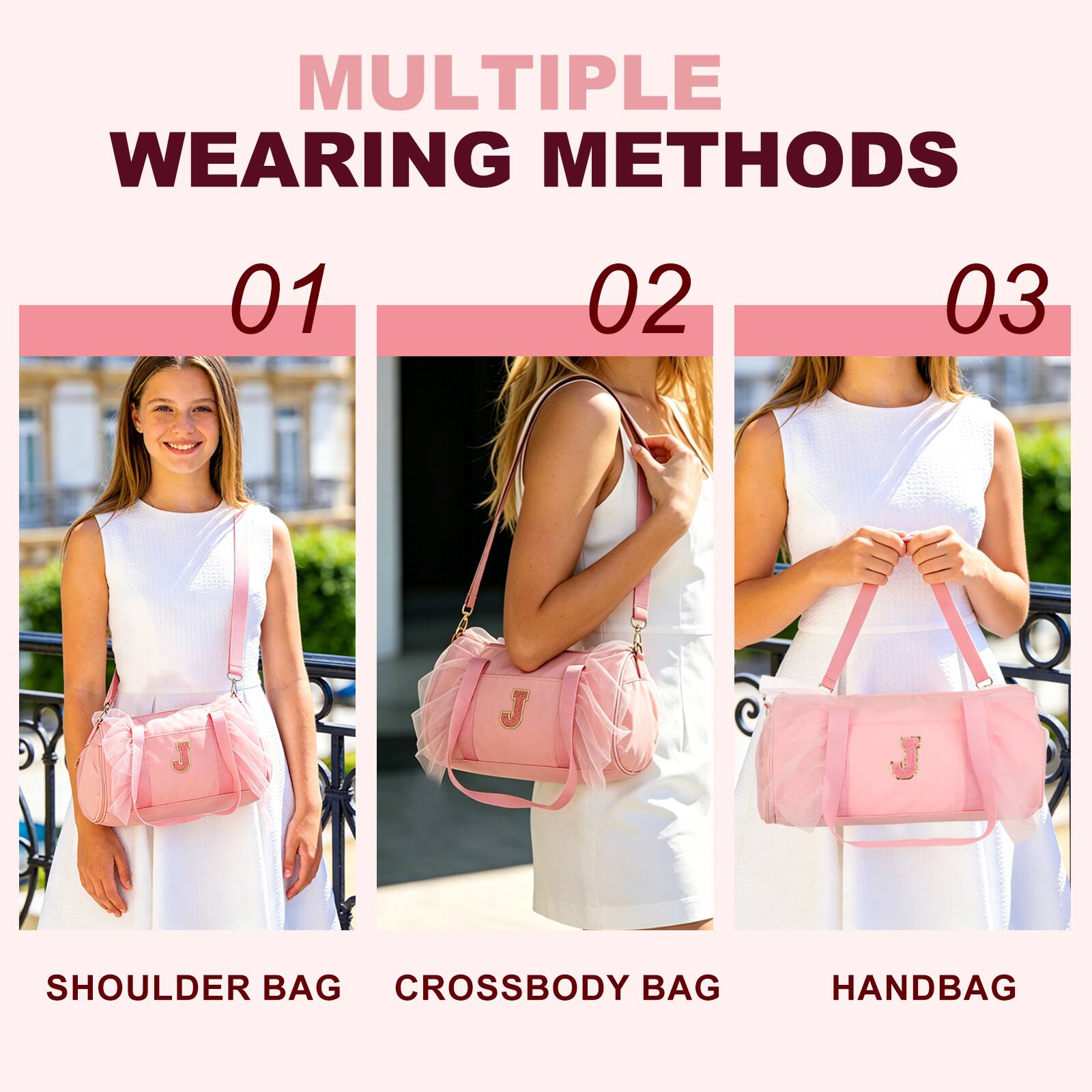 MULTIPLE WEARING METHODS

01 SHOULDER BAG

02 CROSSBODY BAG

03 HANDBAG