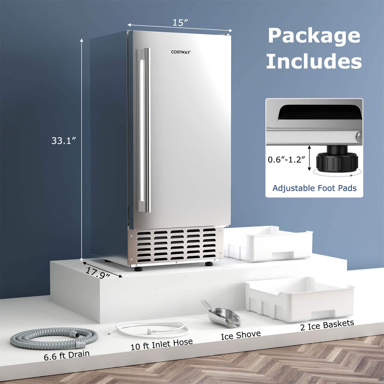 The image features a large, 15-inch Costway refrigerator with a package that includes adjustable foot pads, a 6.6-foot drain hose, an ice shovel, and two ice baskets. The refrigerator is displayed on a wooden floor, and the package is designed to enhance the functionality and convenience of the appliance.