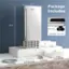 The image features a large, 15-inch Costway refrigerator with a package that includes adjustable foot pads, a 6.6-foot drain hose, an ice shovel, and two ice baskets. The refrigerator is displayed on a wooden floor, and the package is designed to enhance the functionality and convenience of the appliance.