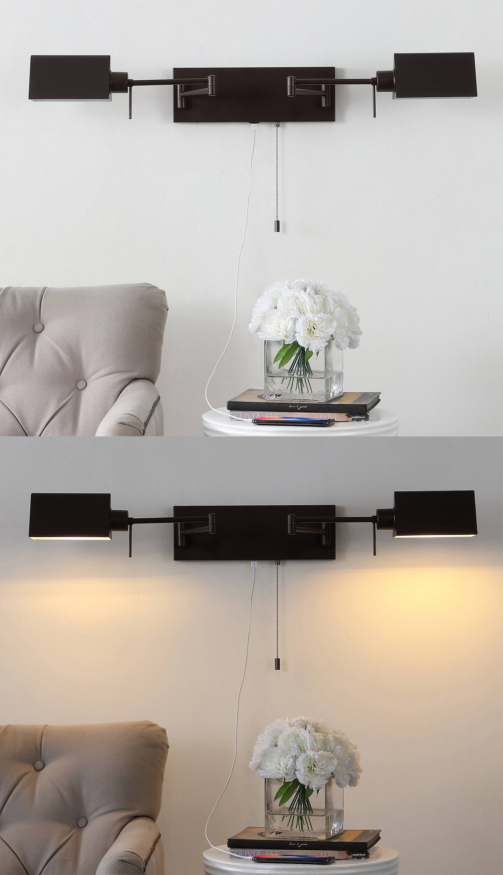 Alt View 4. Jonathan Y - Arlo 54" 2-Light Double Swing Arm Iron LED Wall Sconce with Pull-Chain USB Charging Port, Oil Rubbed Bronze - Oil Rubbed Bronze.