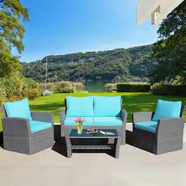 Gymax - 4PCS Patio Rattan Conversation Set Outdoor Furniture Set w/ Cushions - Turquoise