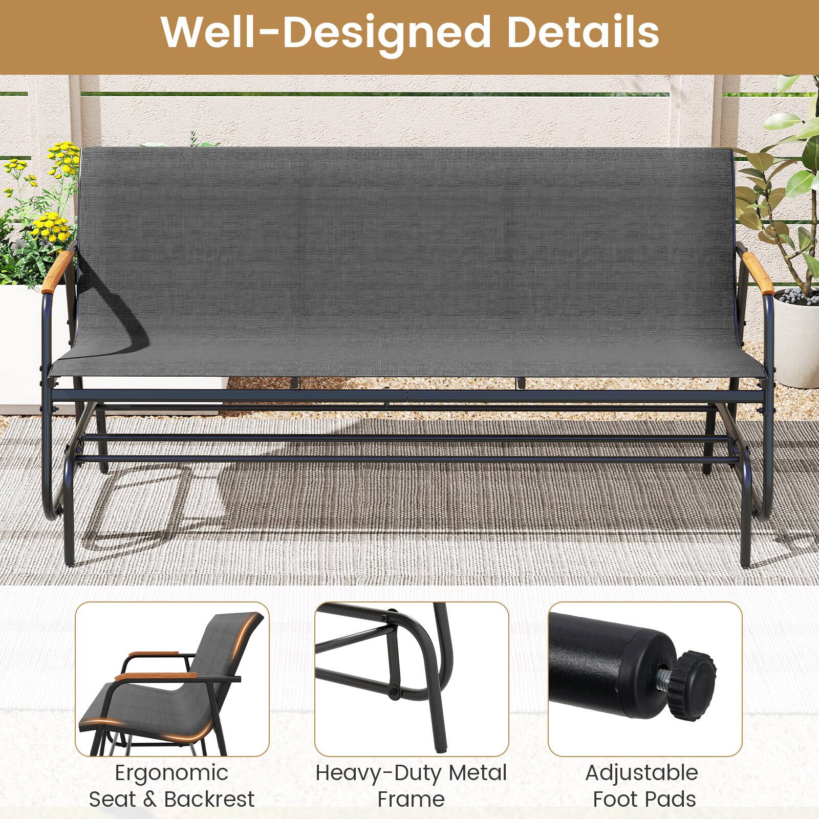 Well-Designed Details

- Ergonomic Seat & Backrest
- Heavy-Duty Metal Frame
- Adjustable Foot Pads
