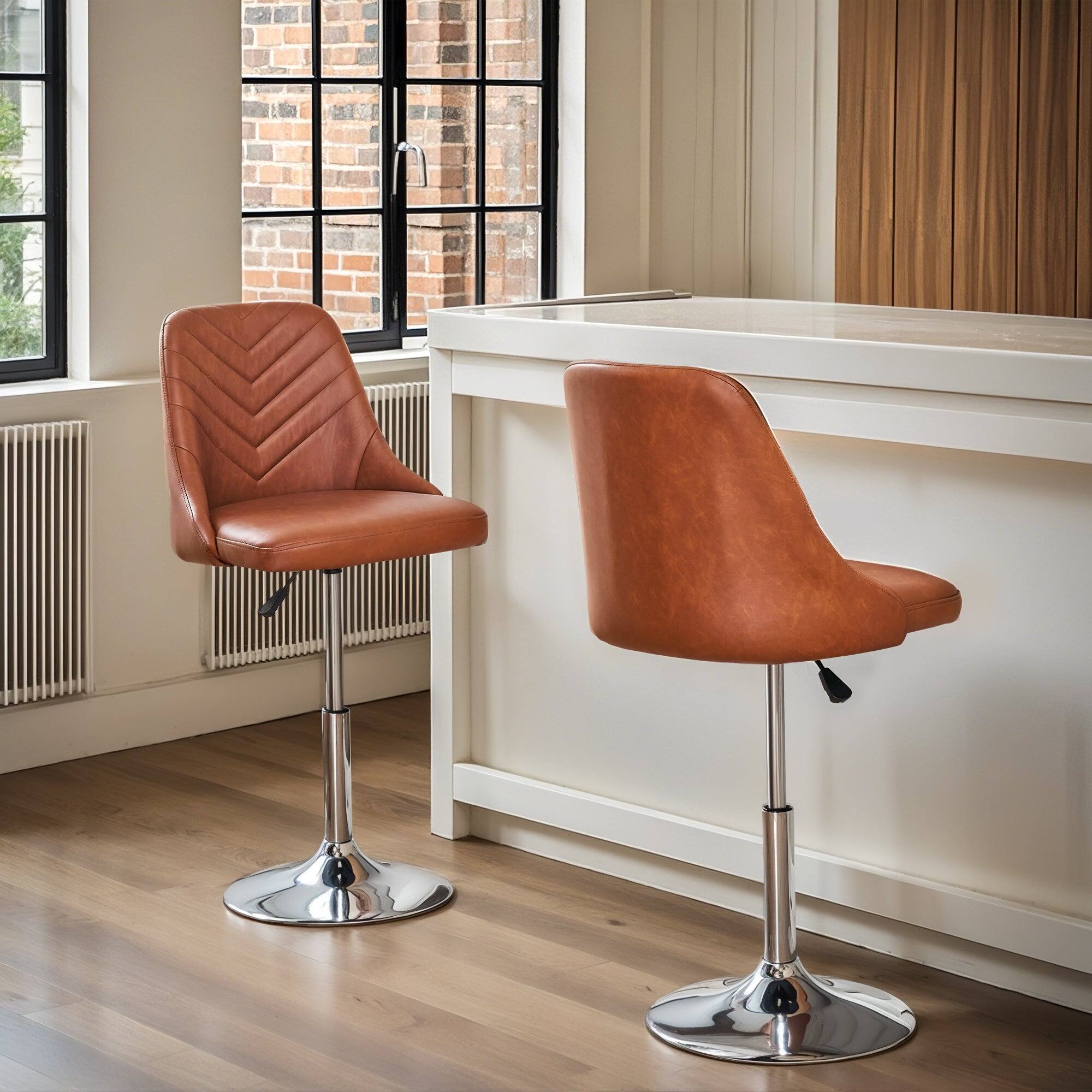 Back. Vecelo - Set of 4 360° Swivel Adjustable Height Bar Stool - PU Leather Counter Stool with Backrest, Modern Kitchen Bar Stool - Brown.