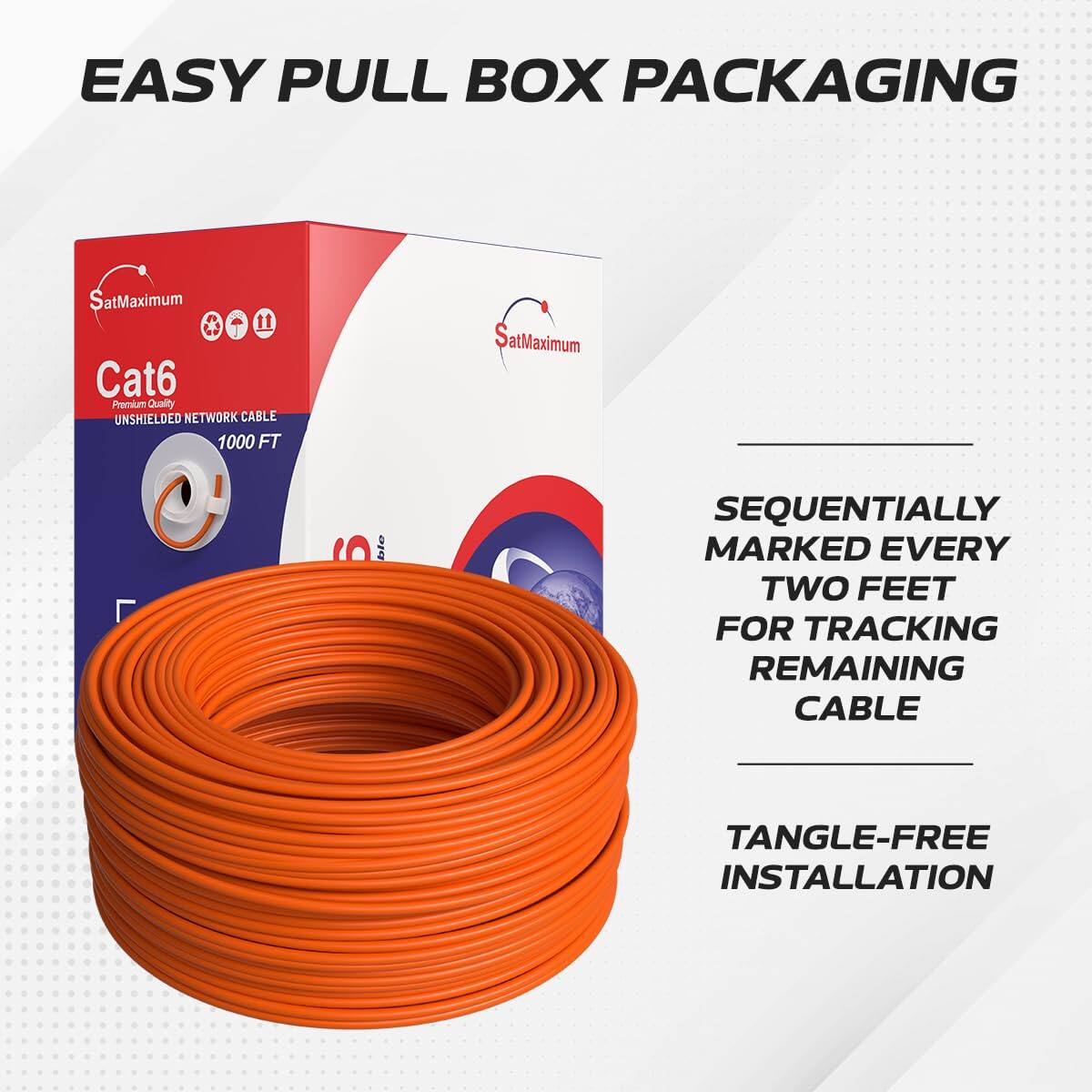 EASY PULL BOX PACKAGING

SatMaximum Cat6 Premium Quality UNSHIELDED NETWORK CABLE 1000 FT

- SEQUENTIALLY MARKED EVERY TWO FEET FOR TRACKING REMAINING CABLE
- TANGLE-FREE INSTALLATION