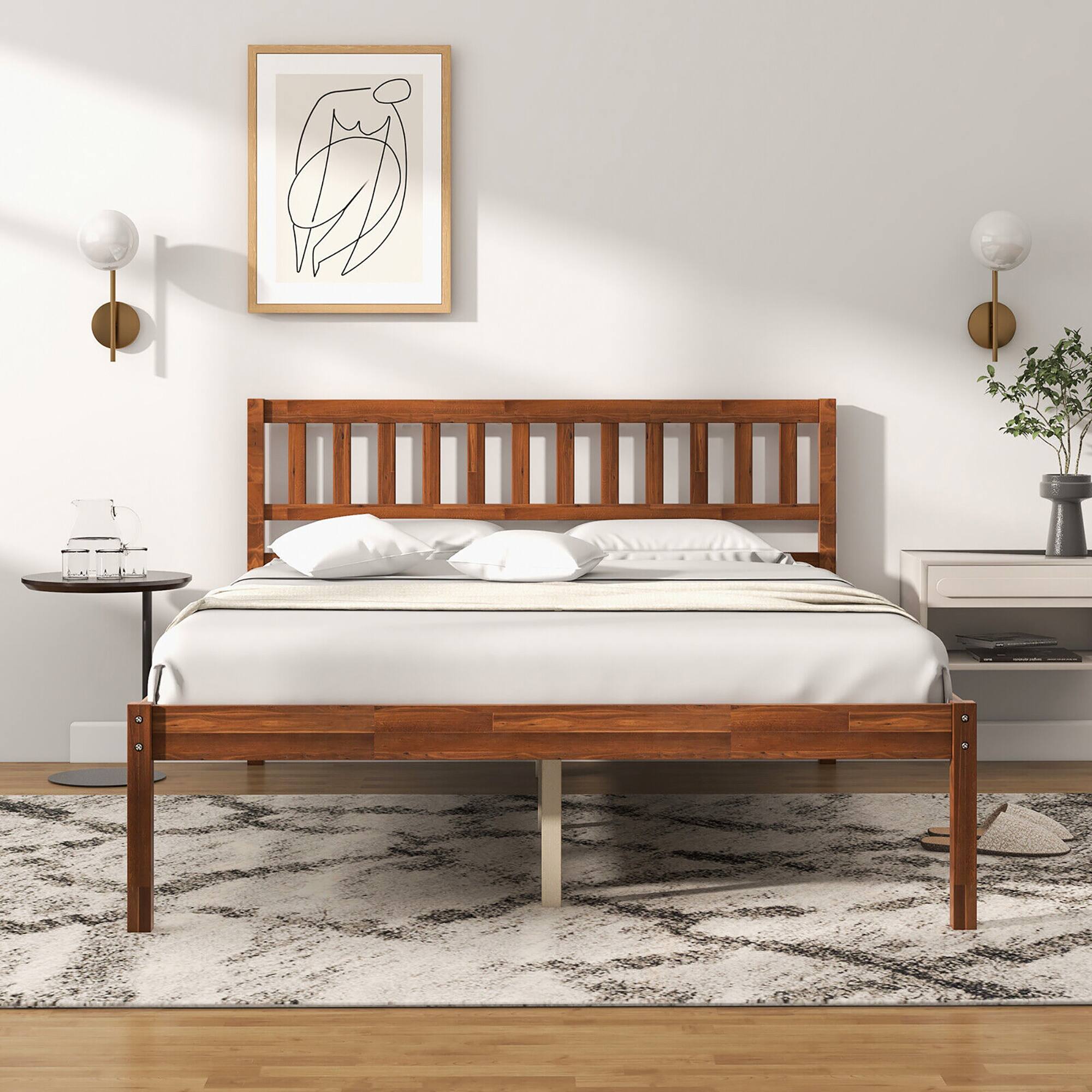 Alt View 2. Gymax - Gymax Full Platform Bed with Headboard Solid Wood Leg Mattress Foundation Walnut - Walnut.