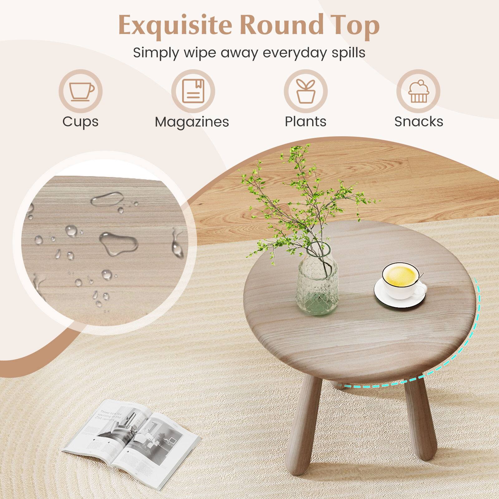 Exquisite Round Top  
Simply wipe away everyday spills  
Cups  
Magazines  
Plants  
Snacks