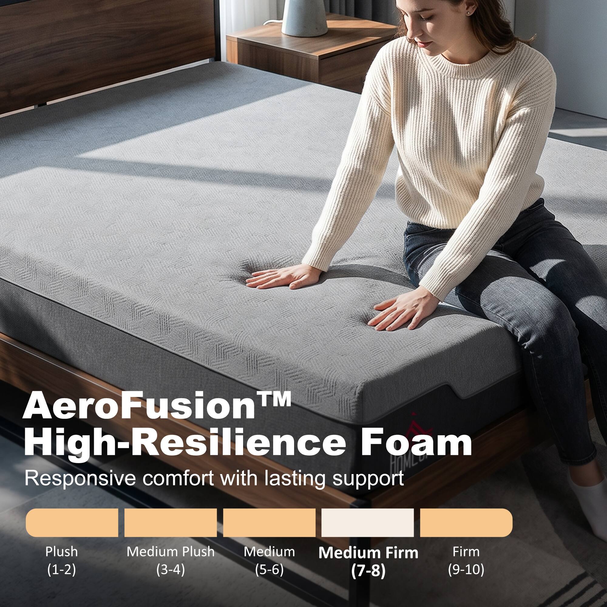 AeroFusion™ High-Resilience Foam  
Responsive comfort with lasting support

Plush (1-2)  
Medium Plush (3-4)  
Medium (5-6)  
Medium Firm (7-8)  
Firm (9-10)