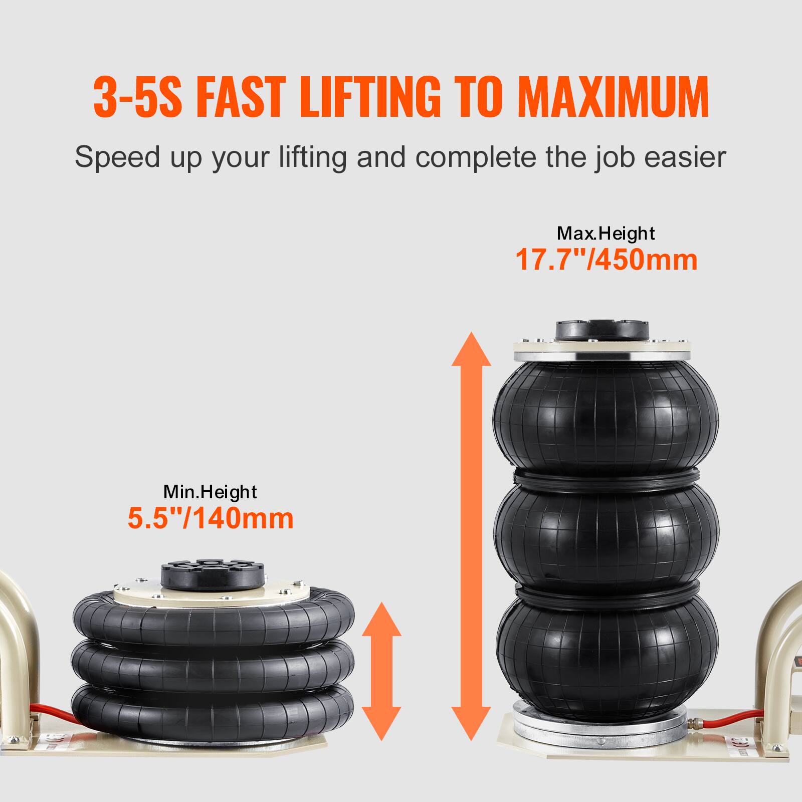 3-5S FAST LIFTING TO MAXIMUM  
Speed up your lifting and complete the job easier  
Max.Height 17.7"/450mm  
Min.Height 5.5"/140mm
