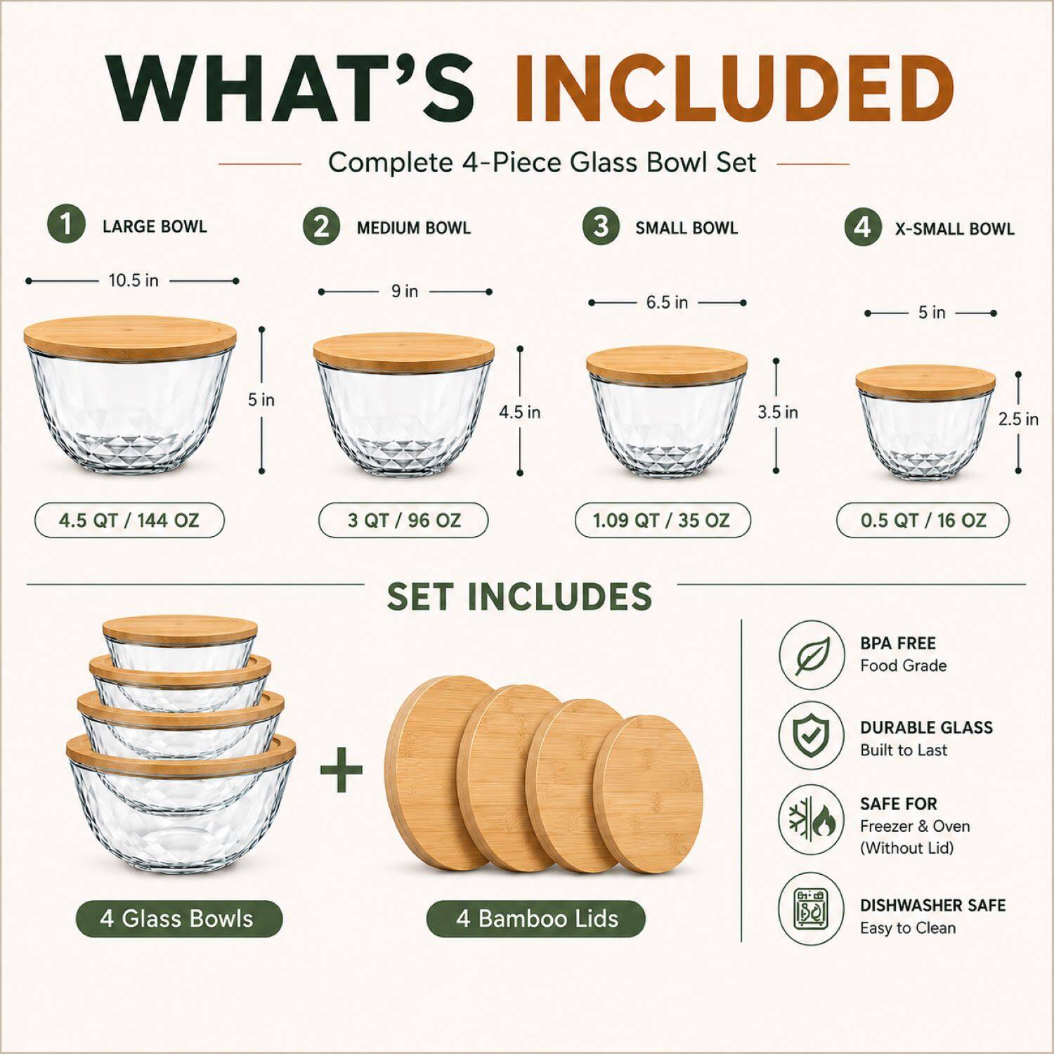 WHAT'S INCLUDED

Complete 4-Piece Glass Bowl Set

1 LARGE BOWL
- 10.5 in
- 5 in
- 4.5 QT / 144 OZ

2 MEDIUM BOWL
- 9 in
- 4.5 in
- 3 QT / 96 OZ

3 SMALL BOWL
- 6.5 in
- 3.5 in
- 1.09 QT / 35 OZ

4 X-SMALL BOWL
- 5 in
- 2.5 in
- 0.5 QT / 16 OZ

SET INCLUDES

- 4 Glass Bowls
- 4 Bamboo Lids

BPA FREE
Food Grade

DURABLE GLASS
Built to Last

SAFE FOR
Freezer & Oven (Without Lid)

DISHWASHER SAFE
Easy to Clean