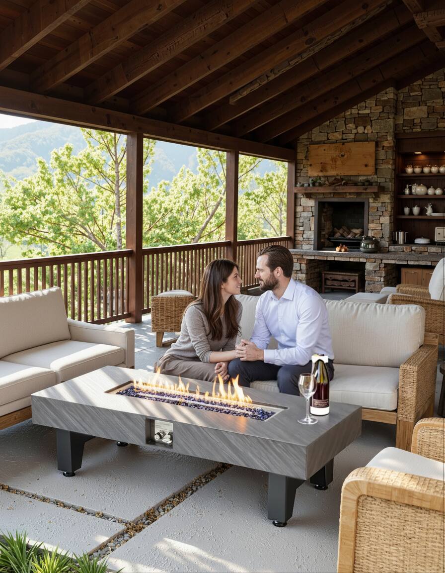 Left. PexFix - 54" Propane Fire Pit Table, 50,000 BTU Outdoor Heater with Stone Finish & Waterproof Cover for Patio Deck - Grey.