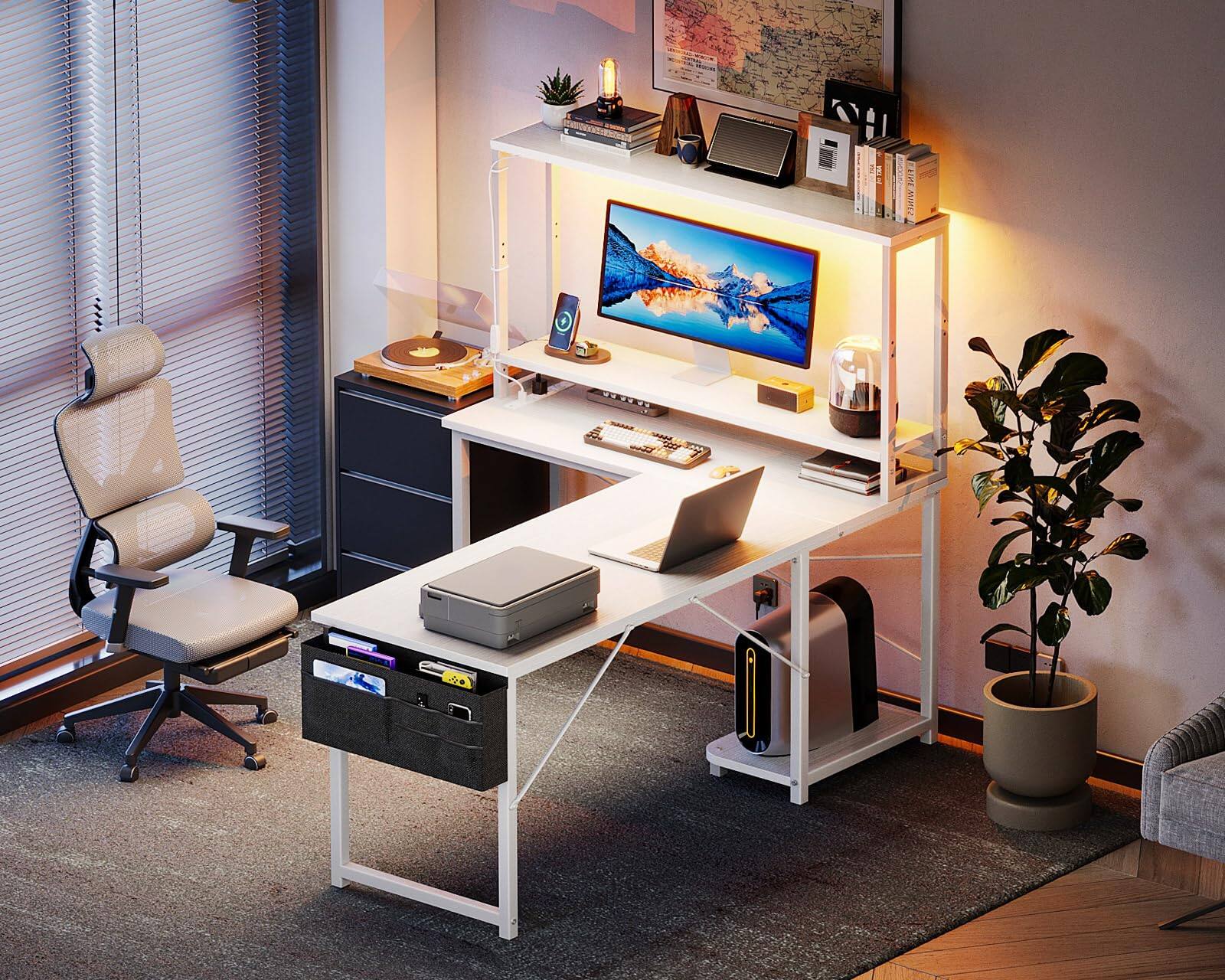 Alt View 3. AODK - Reversible L-Shaped Gaming Desk with LED Light, Power Outlet, Shelf, Storage Bag and Hook - White.