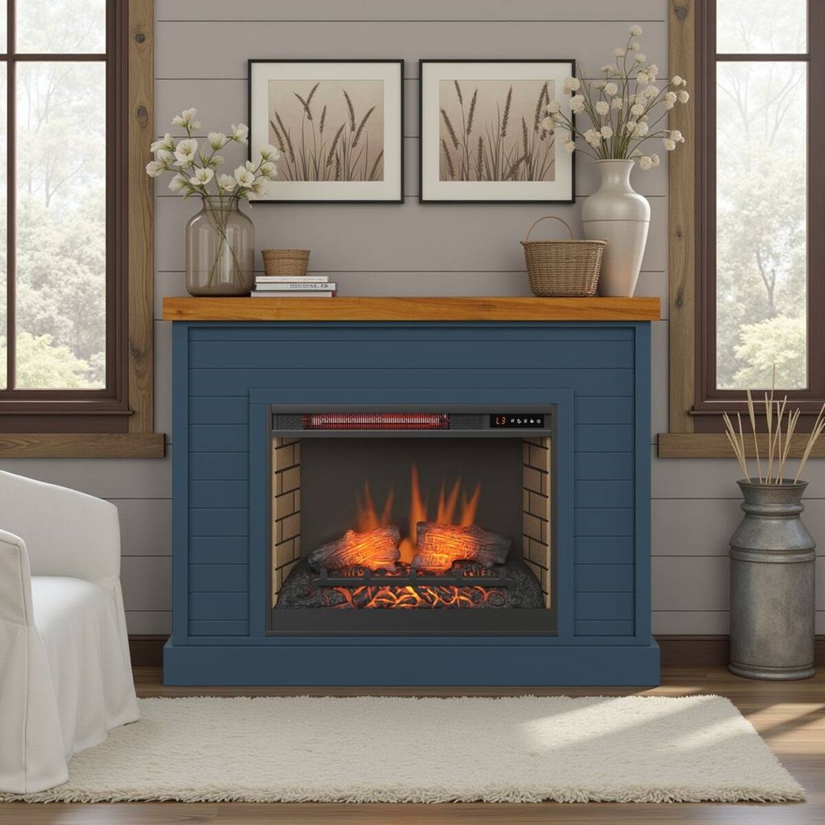 Front. Loheer - Loheer 48 inch electric fireplace with mantel blue denim and whiskey finish - Blue.