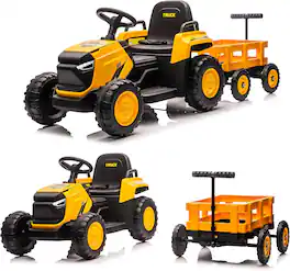 Homhougo - 12V Kids Ride On Tractor with Trailer, Remote Control, Garden Toy Vehicle