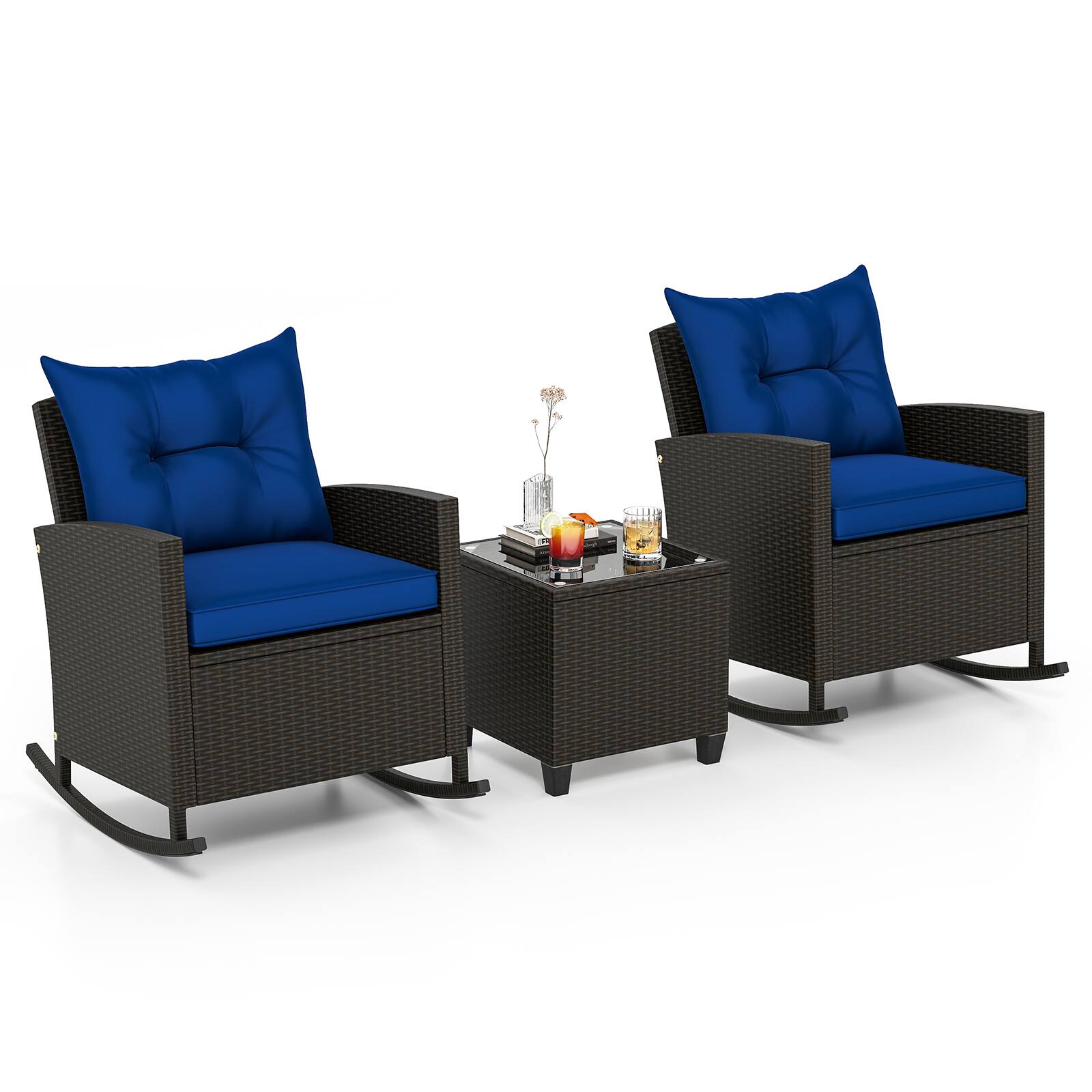 Alt View 9. Gymax - Gymax Set of 3 Wicker Rocking Set Patio w/ Tempered Glass Table & Soft Cushions Navy - Navy.