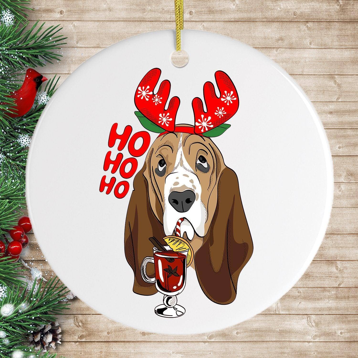 Back. OrnamentallyYou - Basset Hound with Mulled Wine Christmas Ornament - Multi-colored.