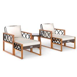 Costway - 5 PCS PE Rattan Outdoor Conversation Set with Acacia Wood Table Chairs with Ottomans - White