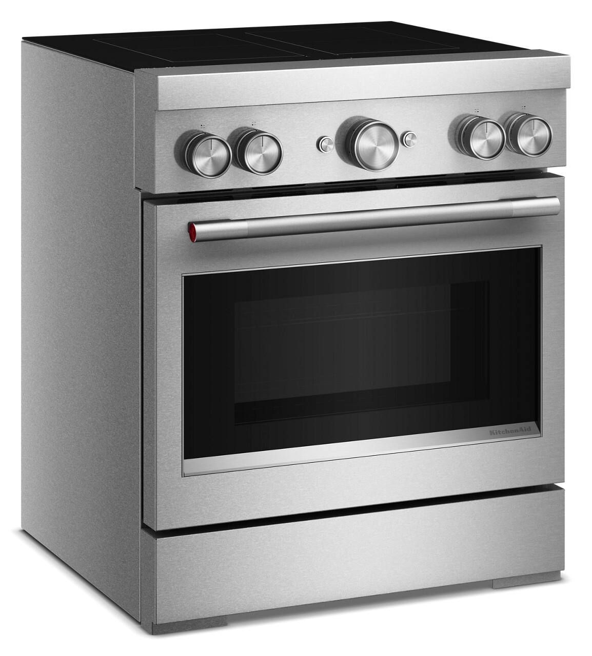 Angle. KitchenAid - 4.1 Cu. Ft. Freestanding Electric Induction Commercial-Style Range with Air Fry and 4-Element - Stainless Steel.
