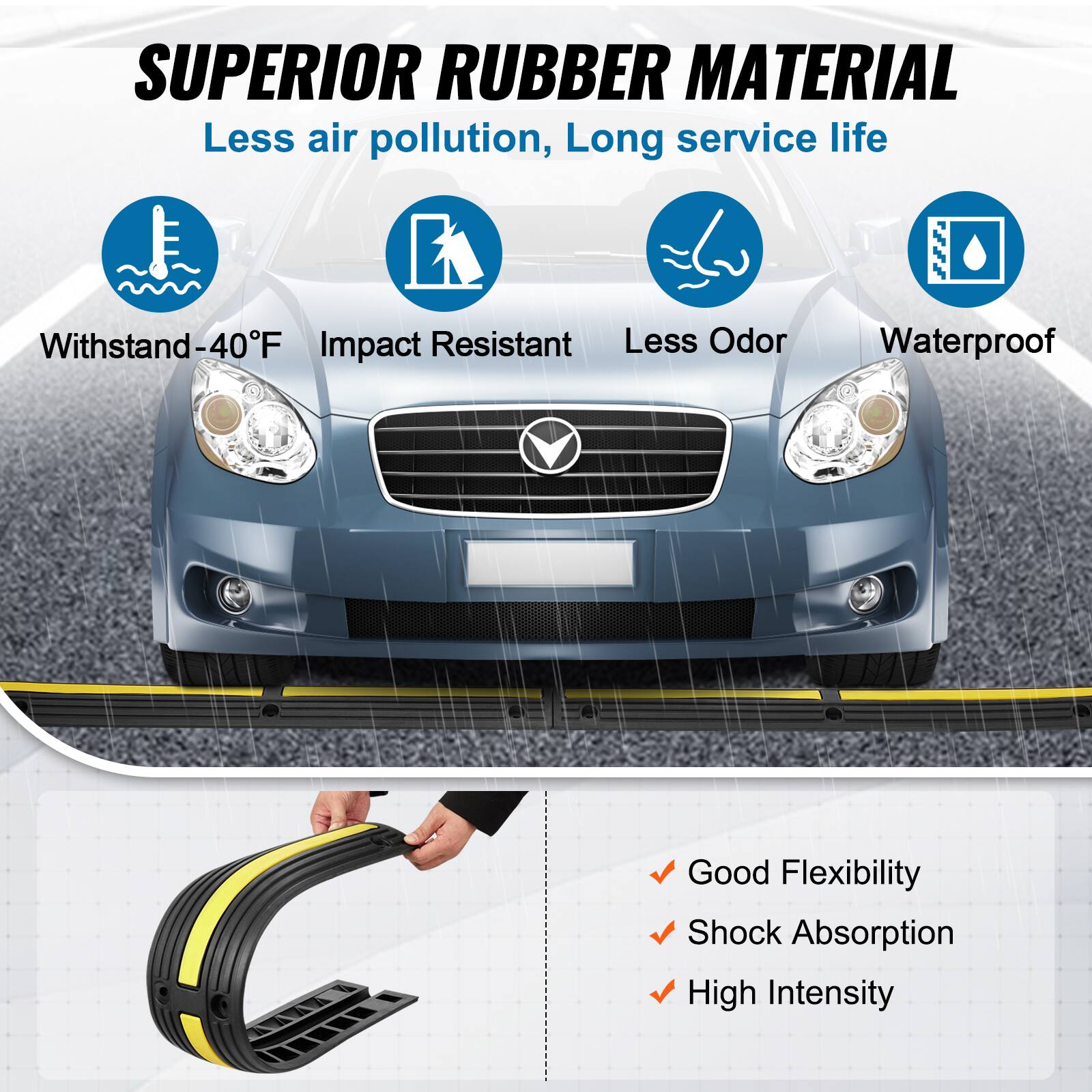 SUPERIOR RUBBER MATERIAL
Less air pollution, Long service life
Withstand-40F
Impact Resistant
Less Odor
Waterproof
Good Flexibility
Shock Absorption
High Intensity
