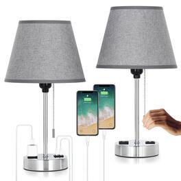 Oumilen - Set of 2 Grey Fabric Table Lamps with Dual USB & AC Outlet, Pull Chain Switch, 15.75in Bedside Lamp, Bulbs Not Included
