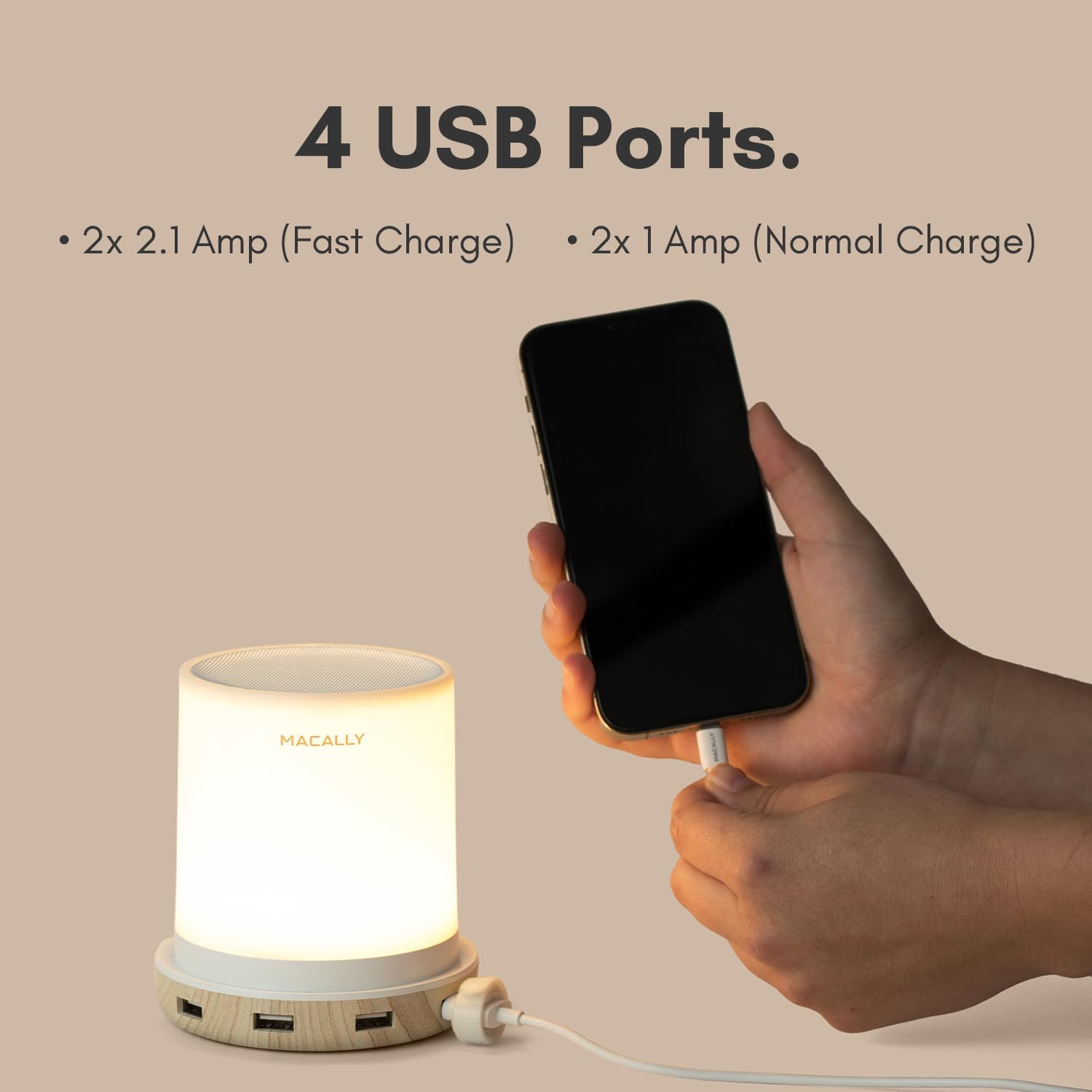 4 USB Ports.  
- 2x 2.1 Amp (Fast Charge)  
- 2x 1 Amp (Normal Charge)  

MACALLY