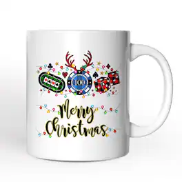 OrnamentallyYou - Casino Buffalo Plaid Christmas Mug, Poker and Dice, Player and Staff Gift - White