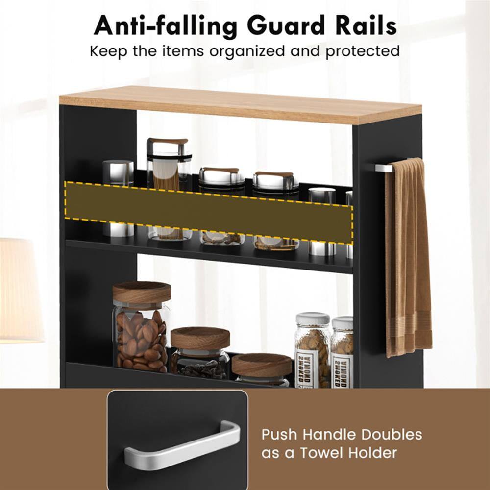 Anti-falling Guard Rails  
Keep the items organized and protected  

Push Handle Doubles as a Towel Holder
