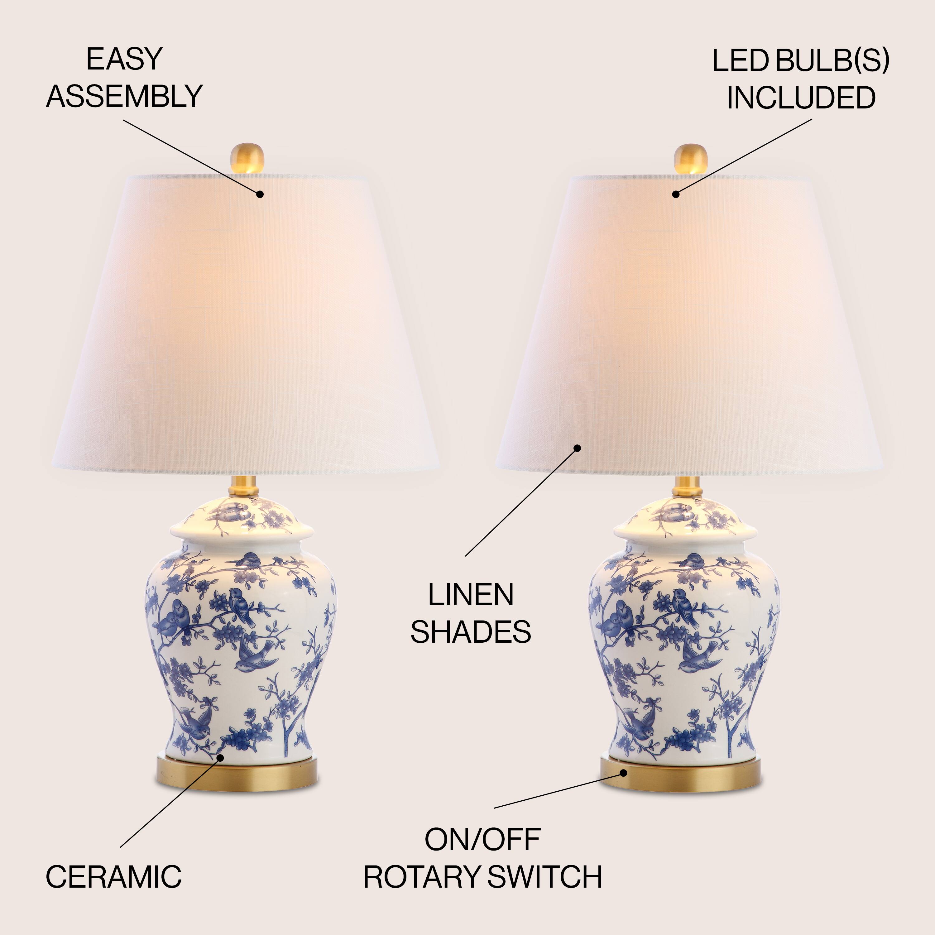 - Easy Assembly
- LED Bulb(s) Included
- Linen Shades
- Ceramic On/Off Rotary Switch