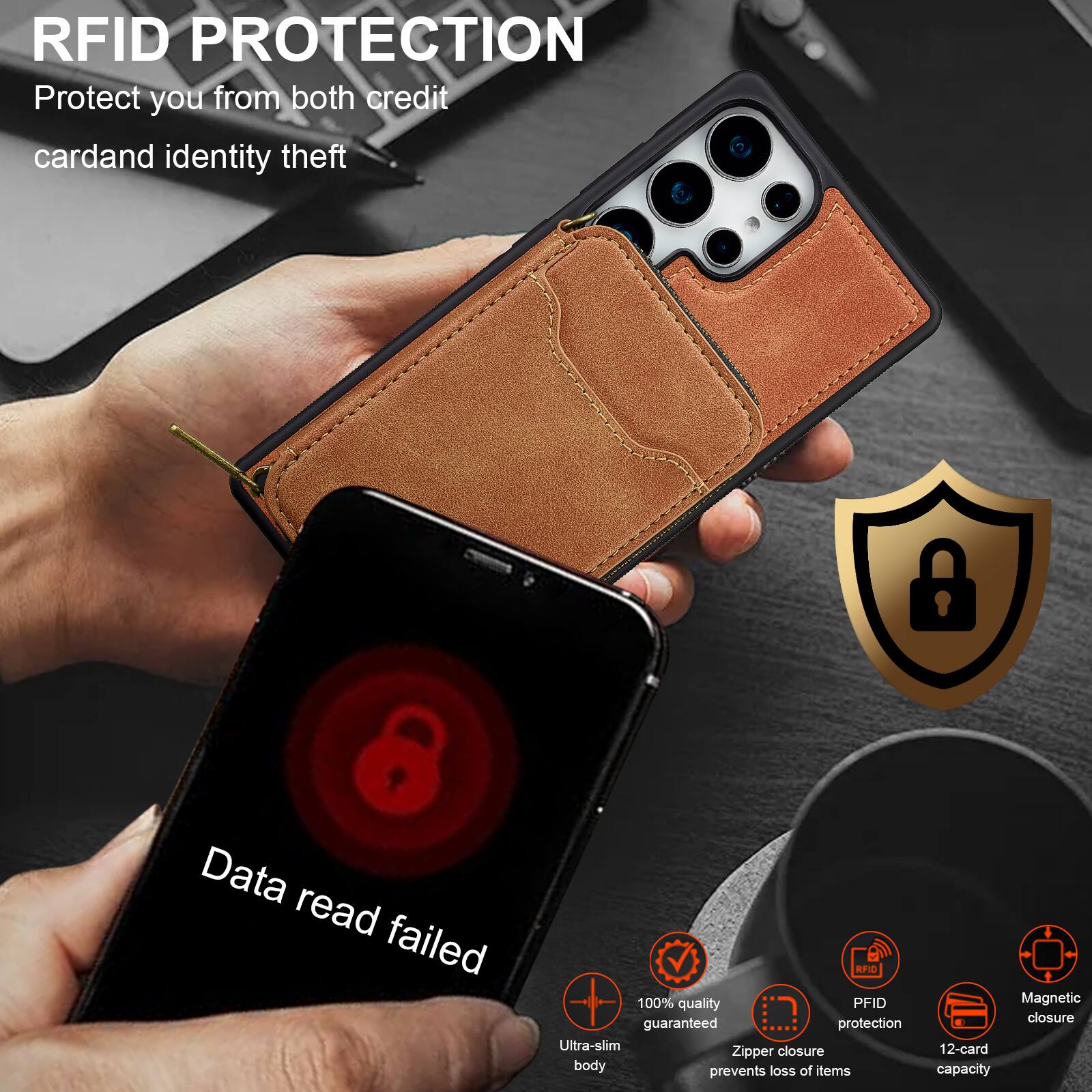 RFID PROTECTION  
Protect you from both credit card and identity theft  

Data read failed  

100% quality guaranteed protection  
Ultra-slim closure  
Zipper body prevents loss of items  
Magnetic closure  
12-card capacity  

RFID PROTECTION  
Protect you from both credit card and identity theft  

100% quality guaranteed  
RFID protection  
Zipper closure prevents loss of items  
Magnetic closure  
12-card capacity