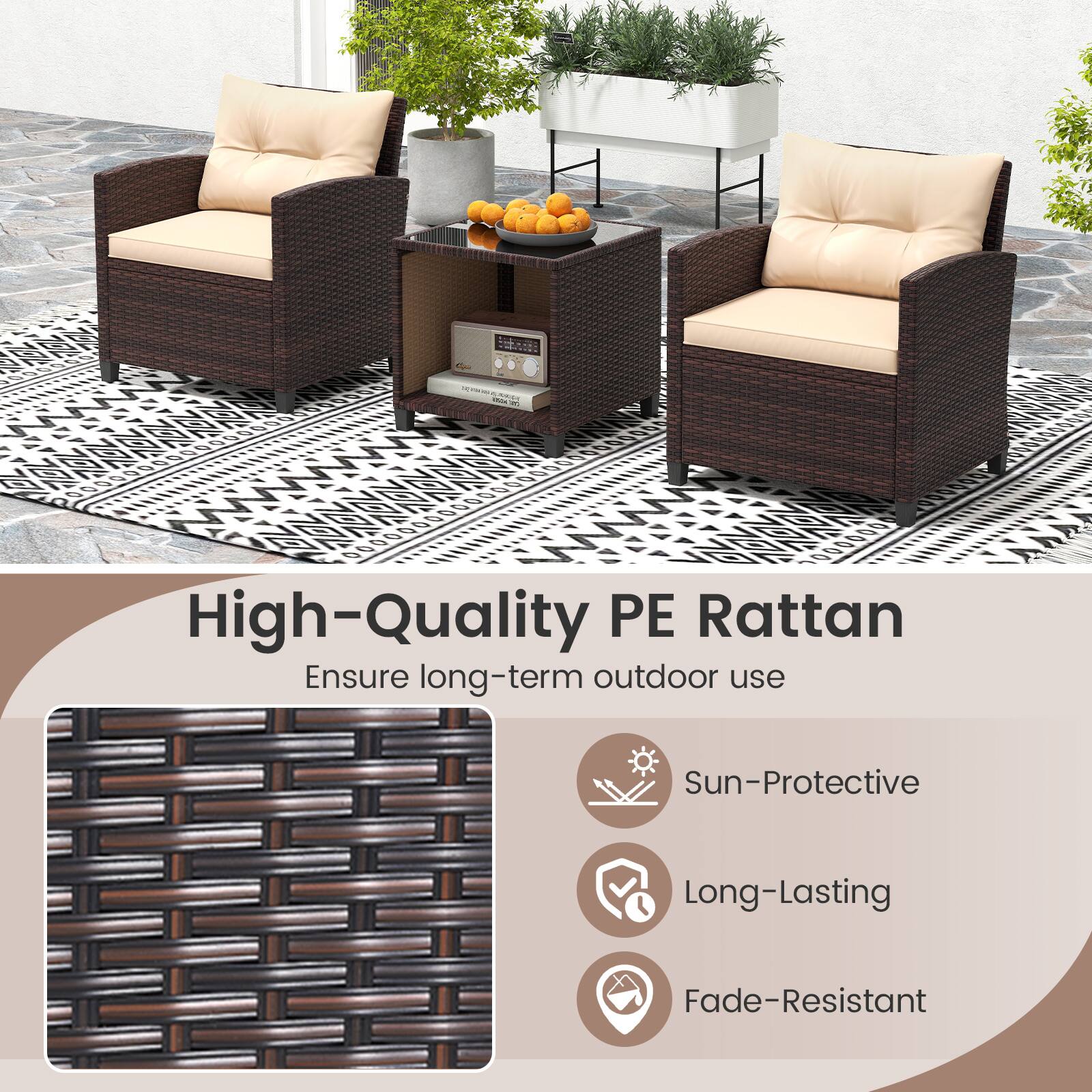 High-Quality PE Rattan Ensure long-term outdoor use Sun-Protective Long-Lasting Fade-Resistant