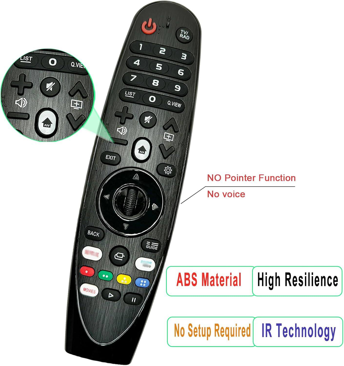 - LIST
- Q.VIEW
- 1 2 3
- 4 5 6
- 7 8 9
- 0
- TV/RAD
- EXIT
- BACK
- GUIDE
- MOVIES

- NO Pointer Function
- No voice

- ABS Material
- High Resilience
- No Setup Required
- IR Technology