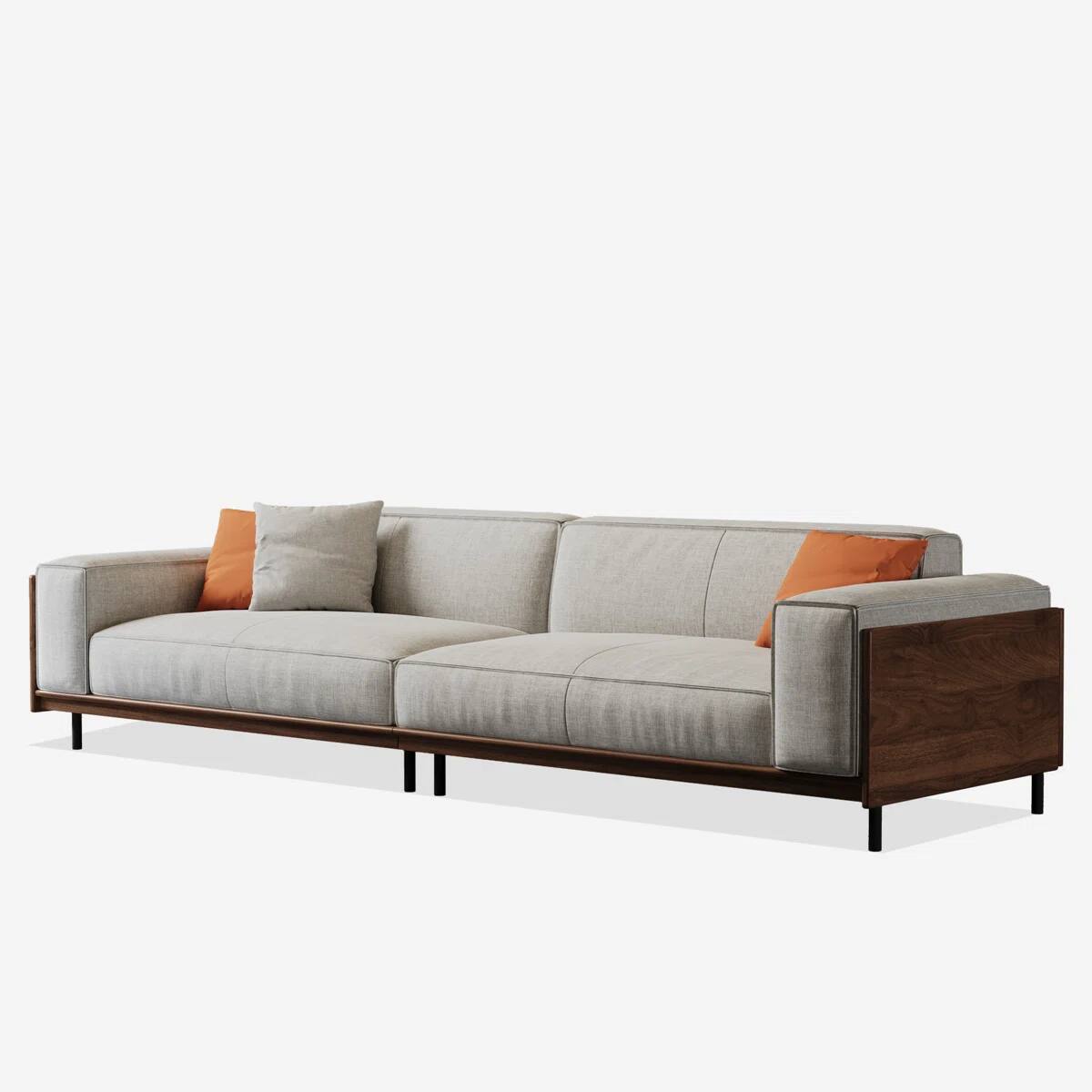 Alt View 9. luck idea - 111.81" Mid-Century 4-Seater Sofa, Linen Fabric Couch with Walnut Wood Arm Panels & 3 Throw Pillows for Living Room - Gray.