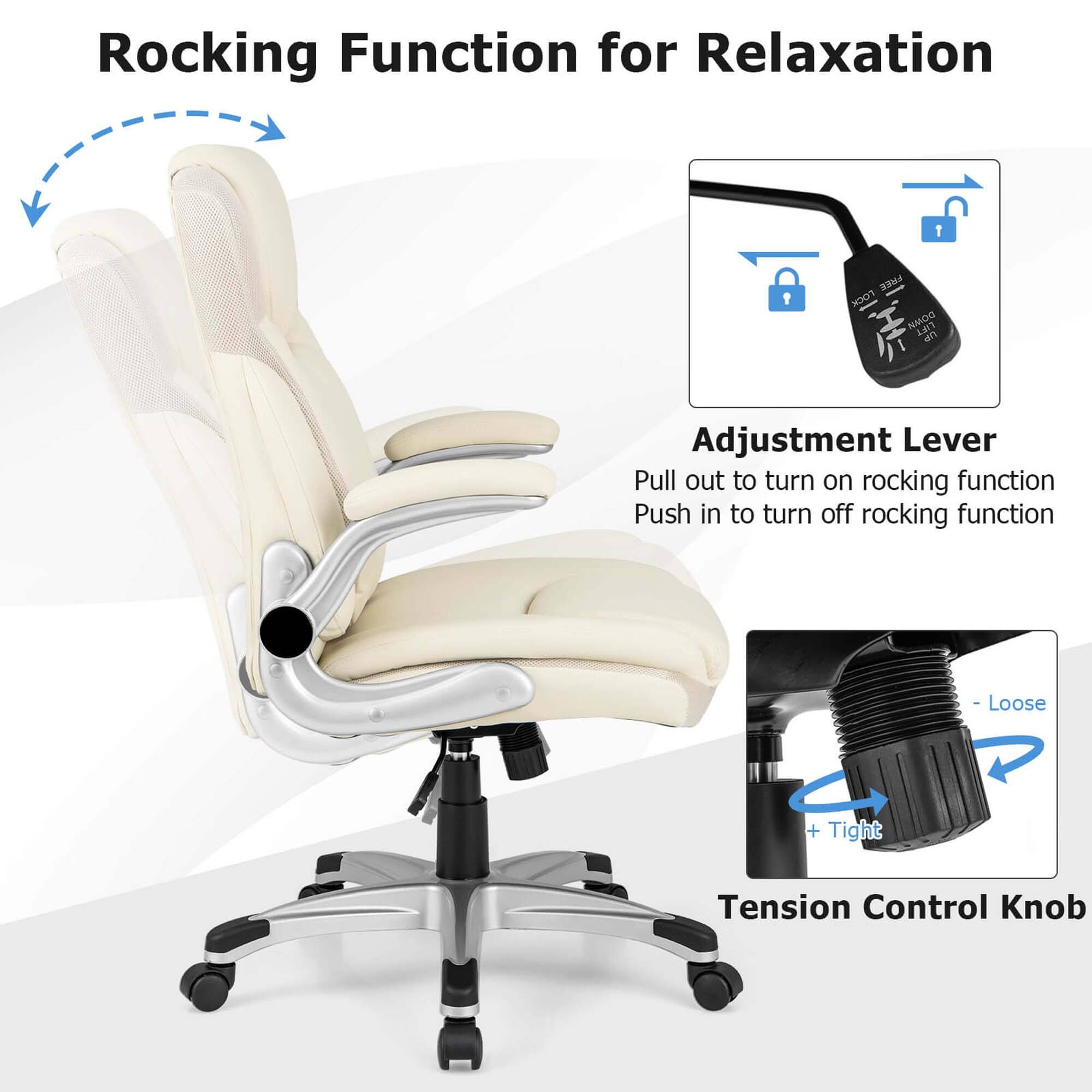 Rocking Function for Relaxation:
1. Adjustment Lever: Pull out to turn on rocking function. Push in to turn off rocking function.
2. Tension Control Knob: Loose + Tight.