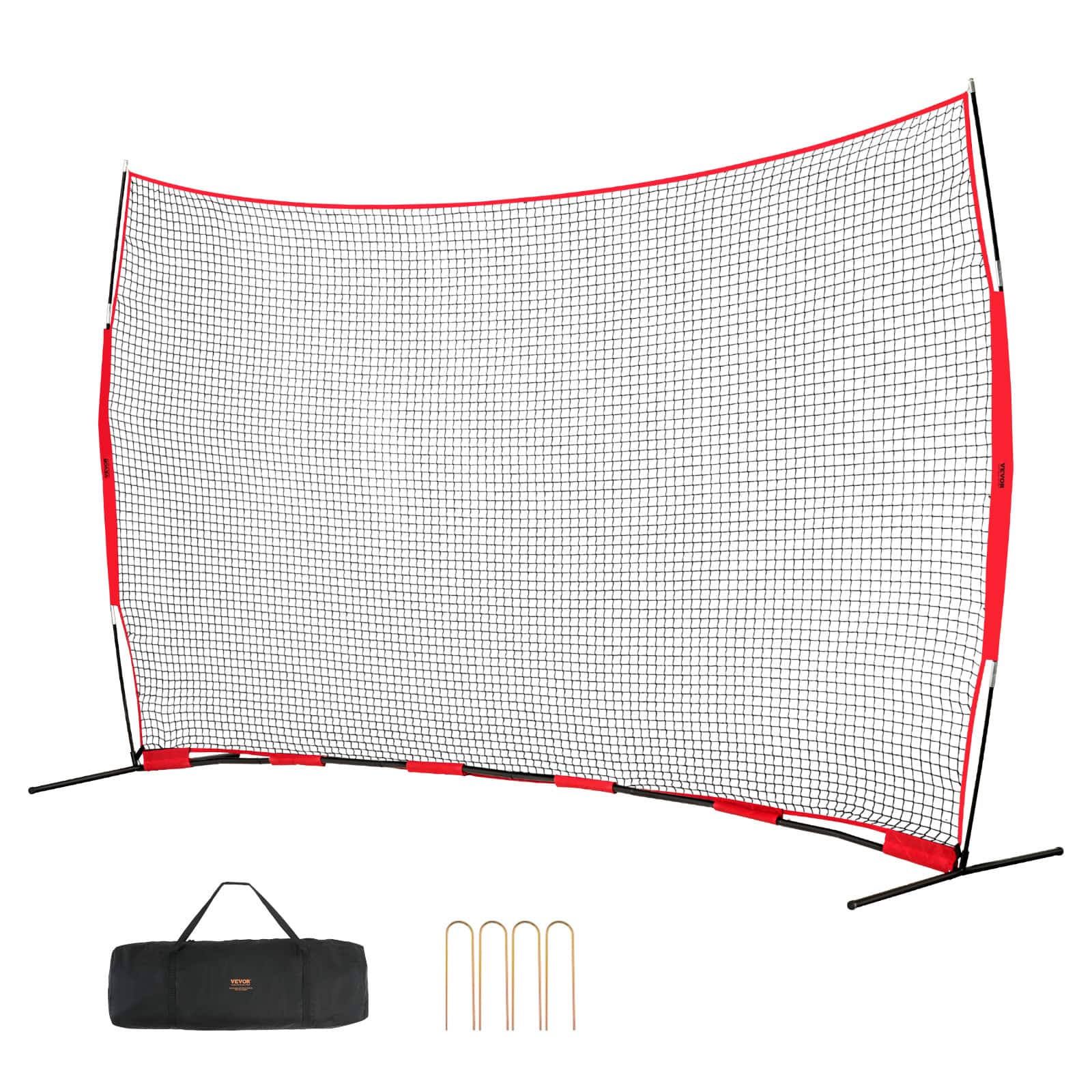 VEVOR - Barricade Backstop Net, 16x10 ft Ball Sports Barrier Netting, Portable Practice Equipment with Carry Bag - Red