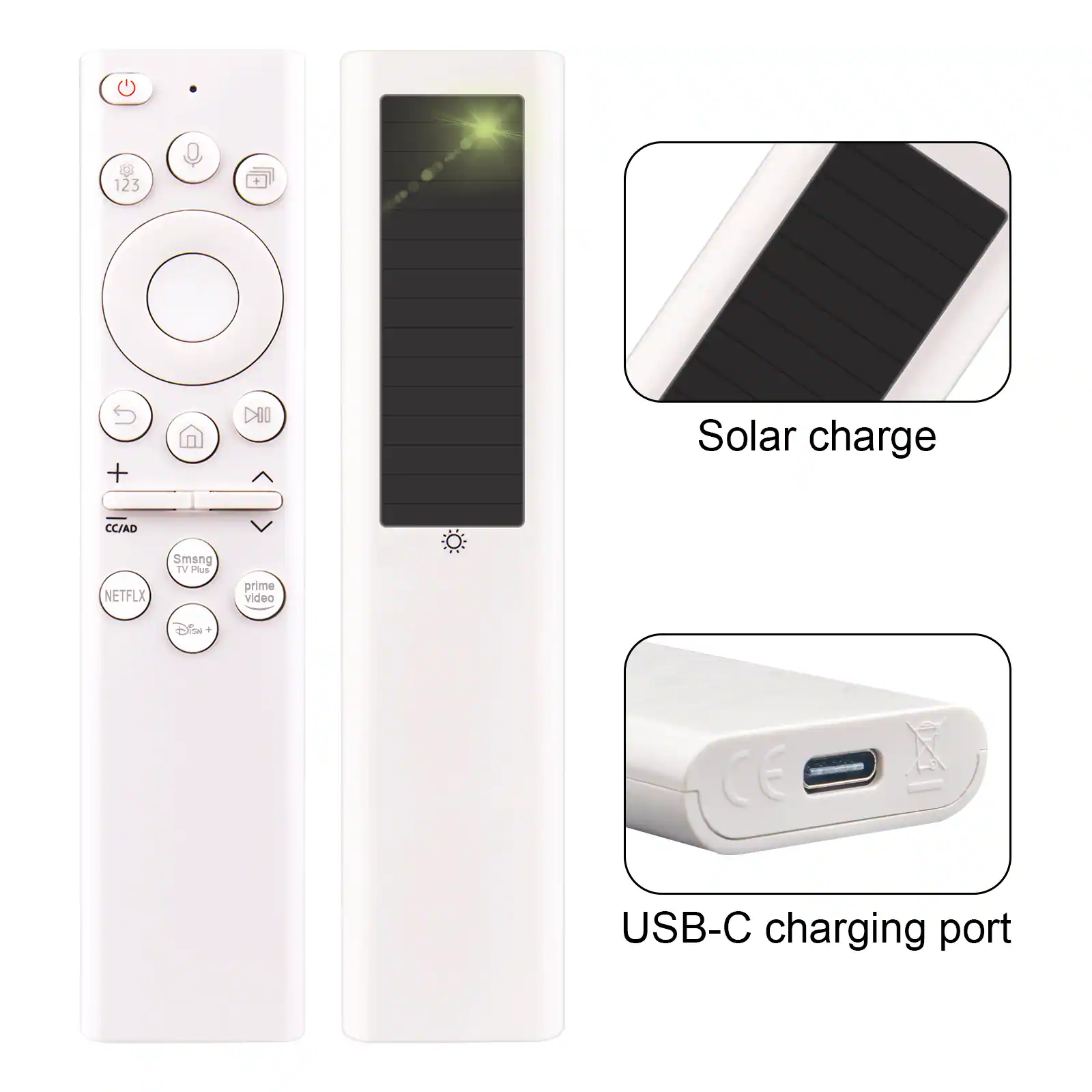 48 123 . S + DII Solar charge CC/AD NETFLX Smang TV Plus prime video Eire . CE X USB-C charging port

Solar charge

USB-C charging port