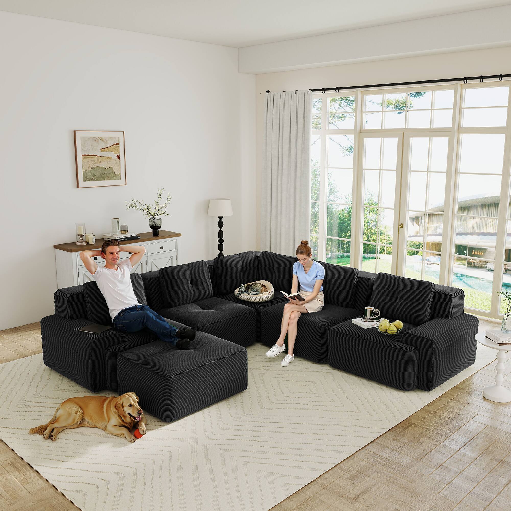 Alt View 1. Anysun - 117" Corduroy Modular Sectional Sofa - Oversized 3-Seat Deep-Seat Couch, Pearl Piping, Tufted, Buckle Connection - Black.