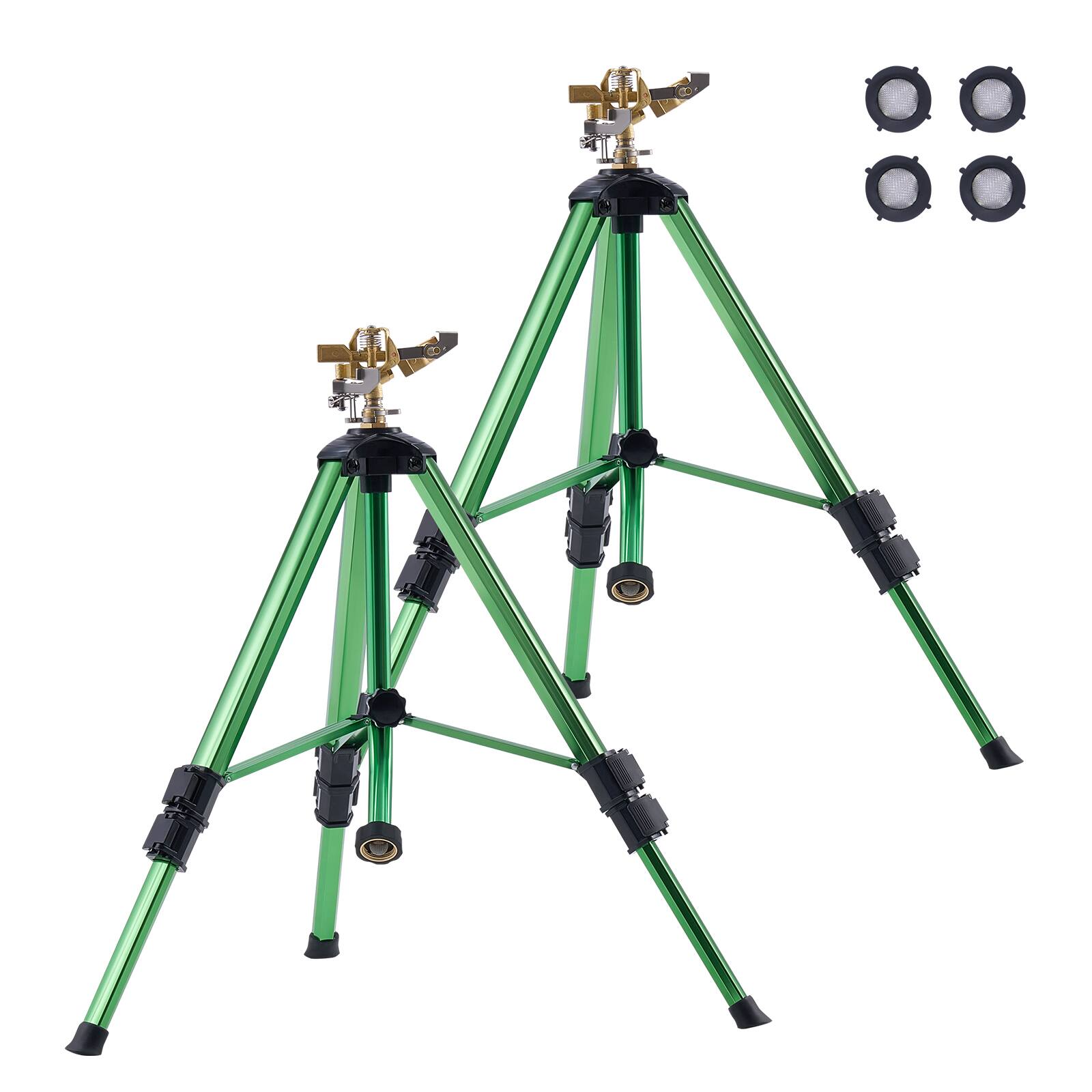 Front. VEVOR - Impact Sprinkler on Tripod Base, 2 Packs, Heavy Duty Tripod Sprinklers with Brass Head & 3/4"NH Connector - Green.