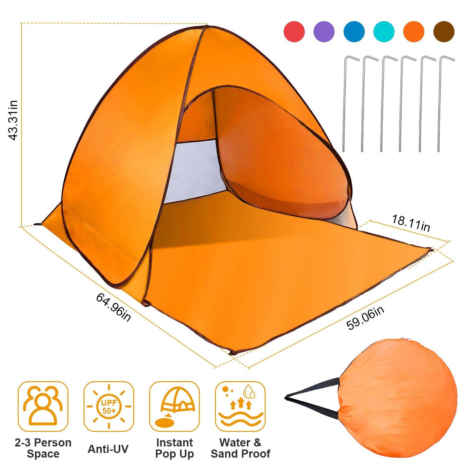 43.31in 18.11in 64.96in 59.06in UPF 50+ 2-3 Person Anti-UV Space Instant Water & Sand Proof
