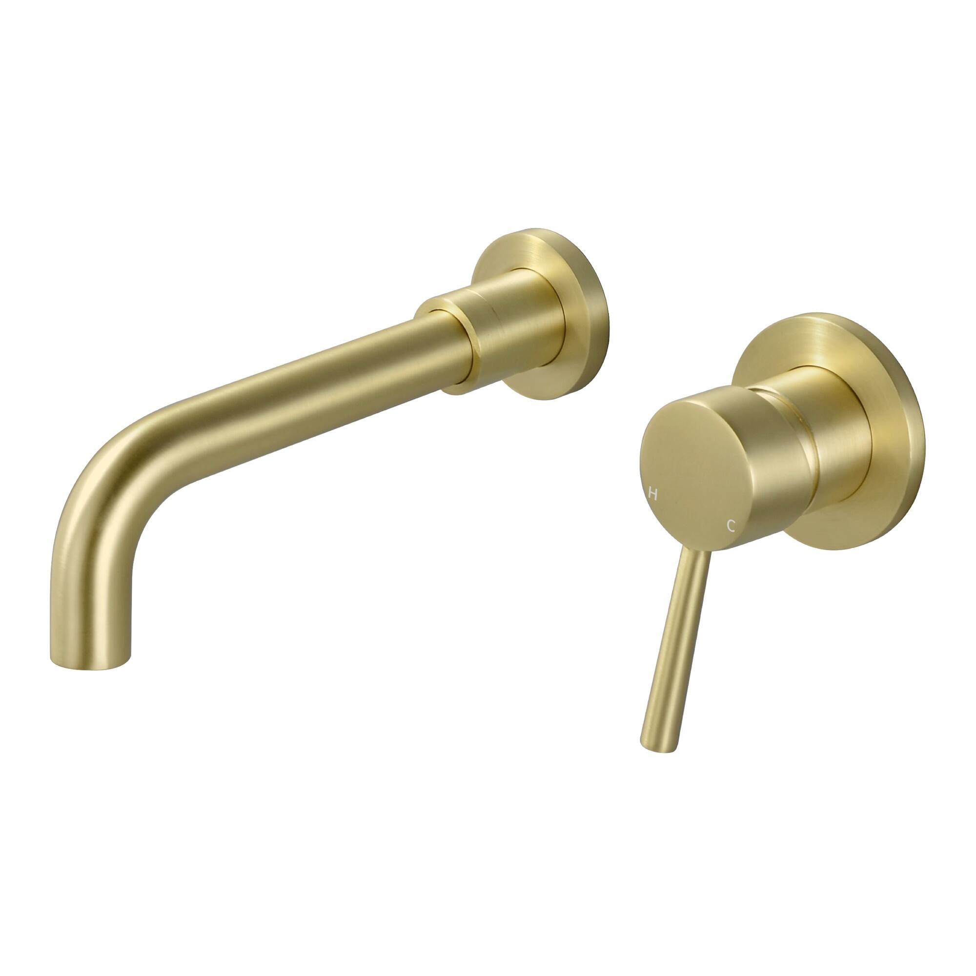 Front. Boyel Living - Brushed Gold Wall Mount Basin Faucet Single Handle 360° Swivel Spout - Brushed Gold.