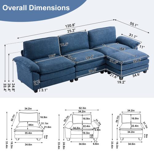 Sure, here are the corrected and grouped dimensions from the image:

**Overall Dimensions:**
- Length: 120.8"
- Width: 55.1"
- Height: 31.1"
- Depth: 25.2"
- Arm Height: 16.5"
- Seat Height: 10"
- Seat Depth: 22.4"
- Armrest Width: 6.7"
- Back Height: 3.1"
- Seat Width: 34.2"
- Armrest Height: 34.6"
- Back Height: 55.1"
- Seat Depth: 31.1"
- Armrest Height: 44"
- Armrest Width: 11"
- Seat Height: 21.6"
- Armrest Height: 35.4"
- Seat Height: 21.6"
- Armrest Height: 34.6"
- Seat Width: 19.2"
- Seat Depth: 33.4"
- Armrest Height: 55.1"
- Seat Depth: 31.1"
- Armrest Height: 44"
- Armrest