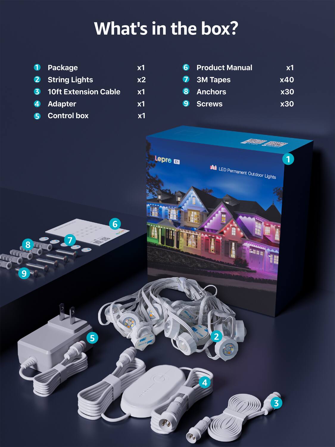 What's in the box?

1. Package - x1
2. String Lights - x2
3. 10ft Extension Cable - x1
4. Adapter - x1
5. Control box - x1
6. Product Manual - x1
7. 3M Tapes - x40
8. Anchors - x30
9. Screws - x30

Lepre E1 LED Permanent Outdoor Lights