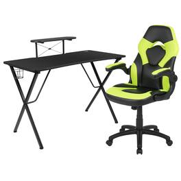 Emma + Oliver - Gaming Desk and Racing Chair Set with Headphone Hook, and Monitor Stand - Green