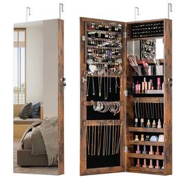 Gymax - 43.5'' Jewelry Mirror Cabinet w/ Full-length Mirror & Interior Makeup Mirror - Rustic Brown