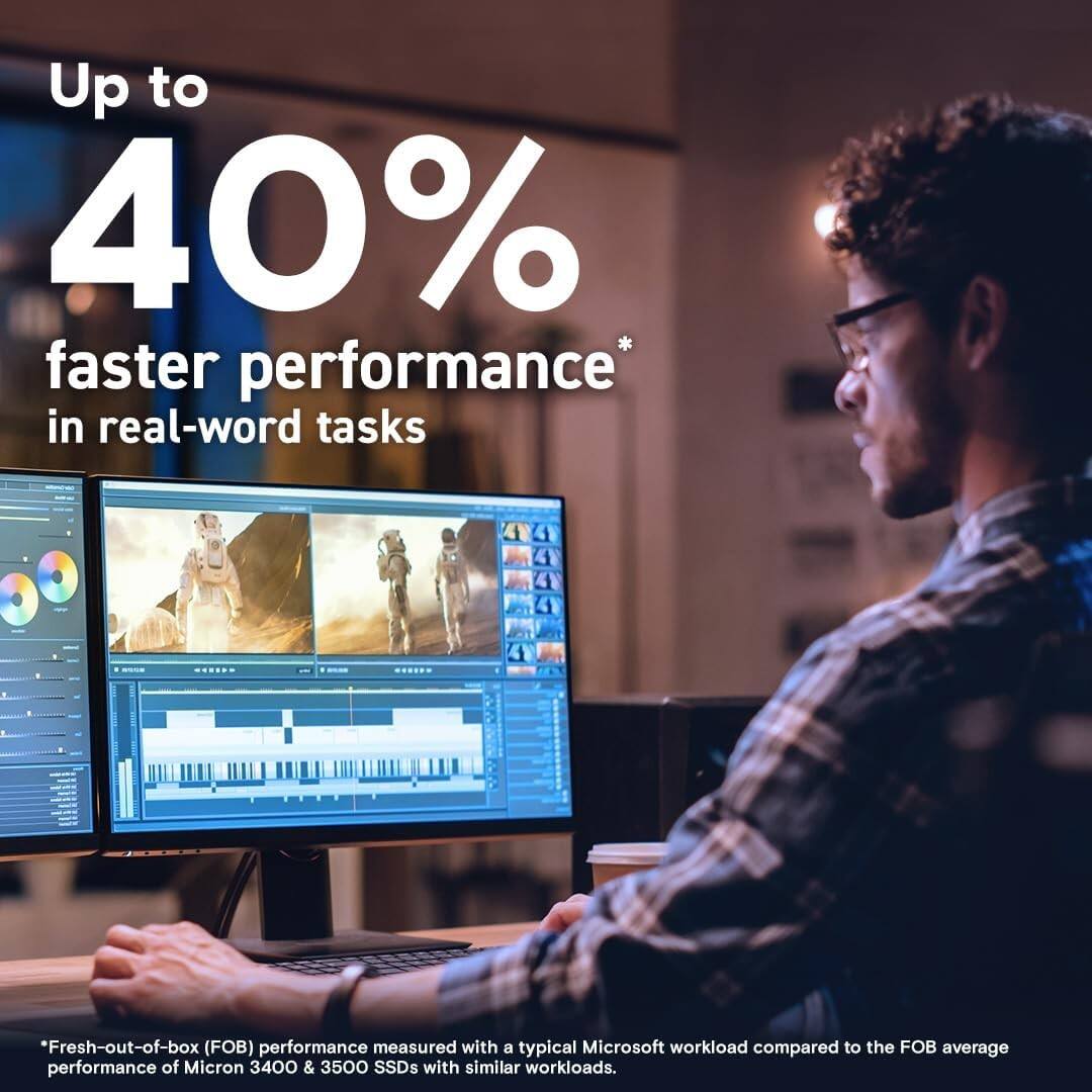Up to 40% faster performance* in real-word tasks

*Fresh-out-of-box (FOB) performance measured with a typical Microsoft workload compared to the FOB average performance of Micron 3400 & 3500 SSDs with similar workloads.