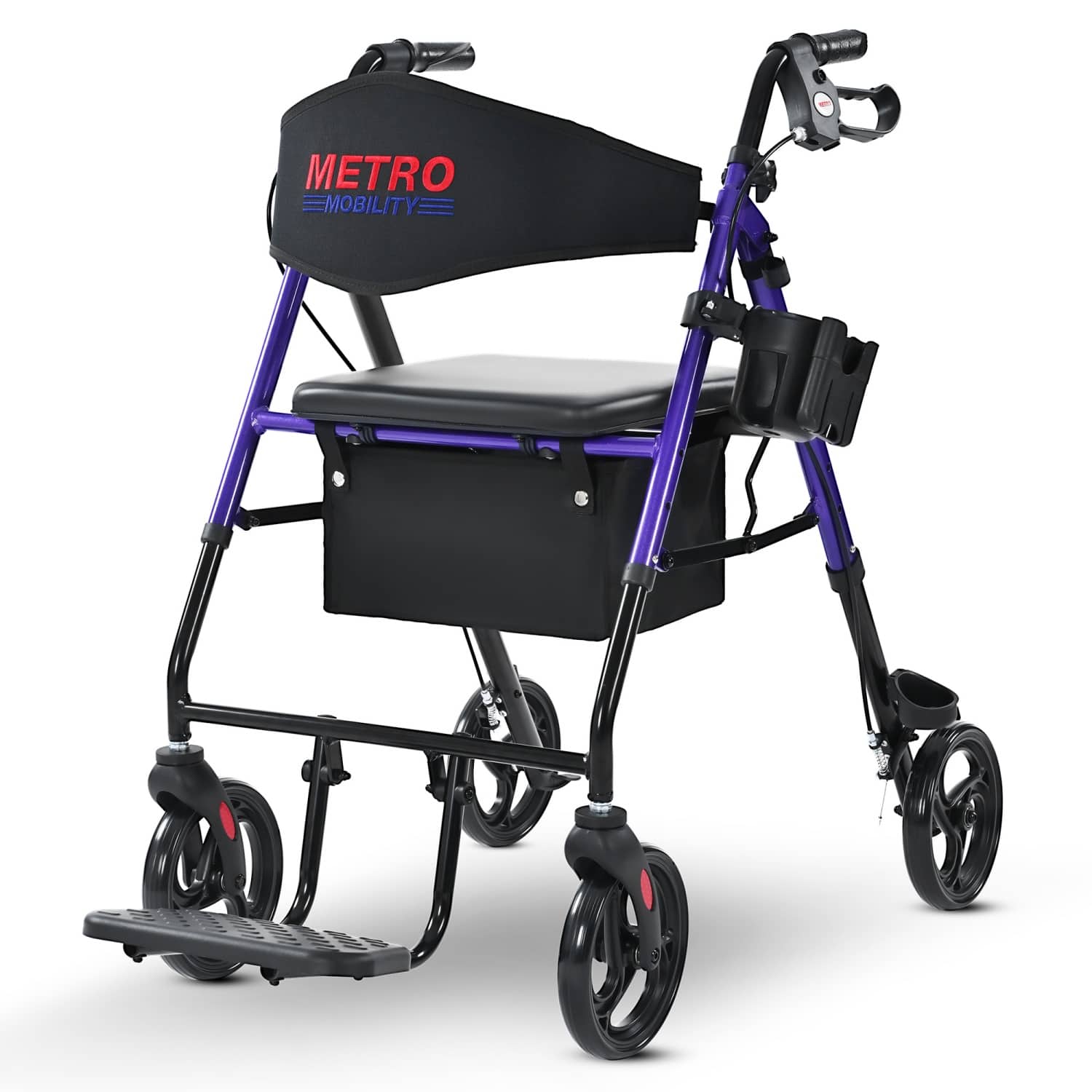Metro Mobility - M913P 2 in 1 Rollator Walker & Transport Wheelchair for Seniors, 8" Wheels with Seat for All Terrain, 300 lb Capacity - Purple