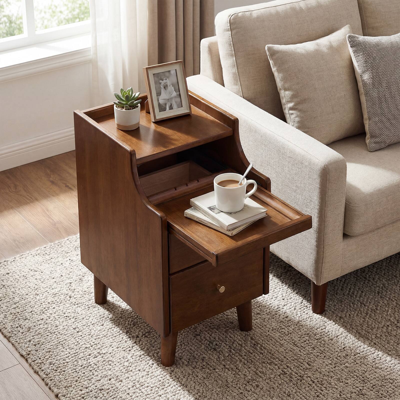 Alt View 3. Gymax - Gymax 2Pcs Wood Nightstand w/ 2 Drawers Narrow Bedside Table w/ Pull-out Tray - Brown.