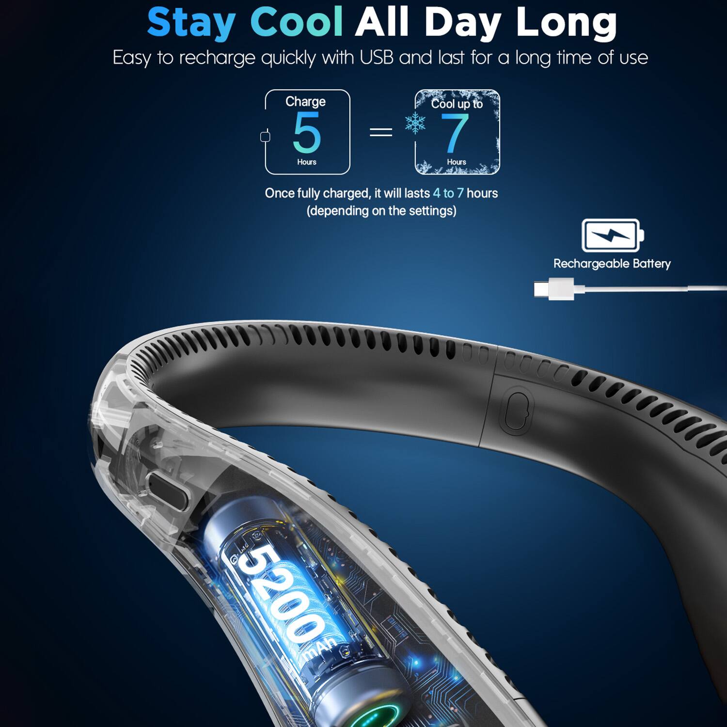 Stay Cool All Day Long

Easy to recharge quickly with USB and last for a long time of use

Charge 5 Hours = Cool up to 7 Hours

Once fully charged, it will last 4 to 7 hours (depending on the settings)

Rechargeable Battery 5200 mAh